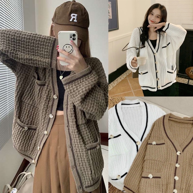 Áo Cardigan Len Xốp Áo Dáng Rộng 2 Màu Cực Vintage