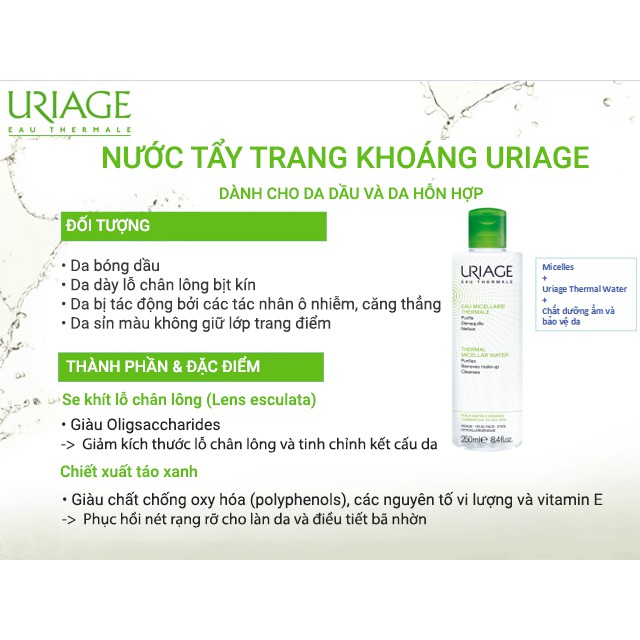 Nước tẩy trang Uriage 250ml ( da dầu, da nhạy cảm, da khô, da hôn hợp) | BigBuy360 - bigbuy360.vn