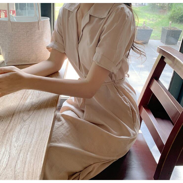 Đầm Sơ Mi Dáng Dài Cột Dây Màu Sắc Đơn Giản 35907