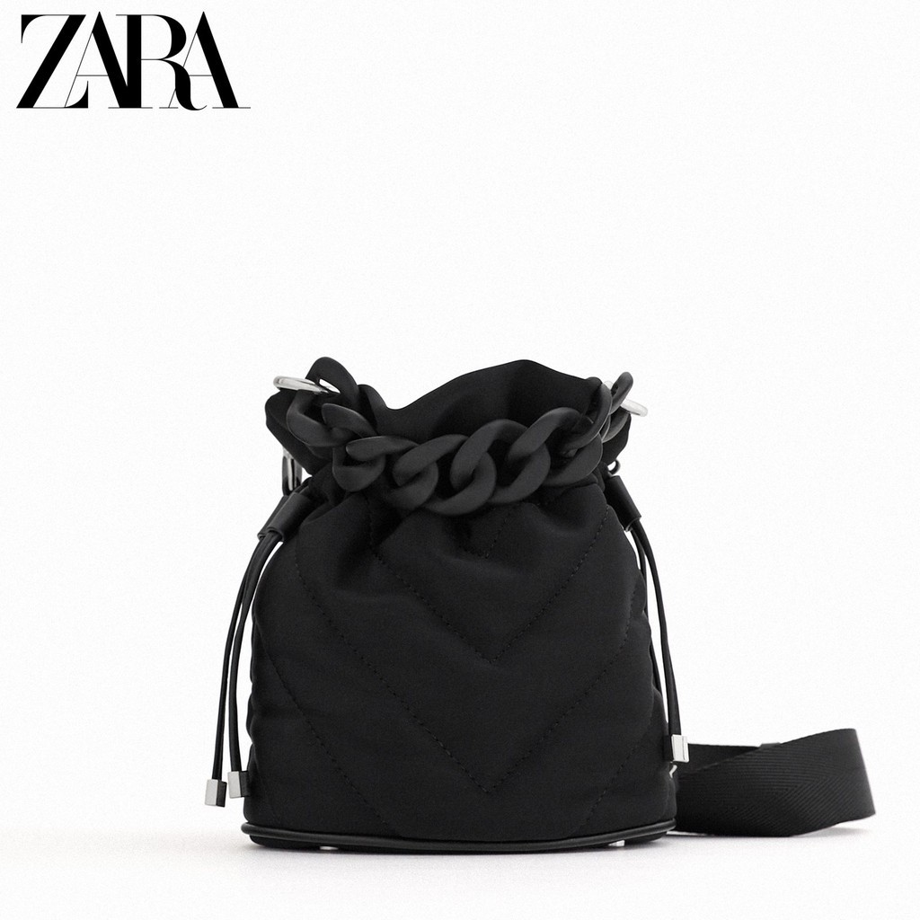 ♣◈♙Túi nữ ZARA Mới Màu đen Quilted Mini Super Fire Bucket đeo chéo
