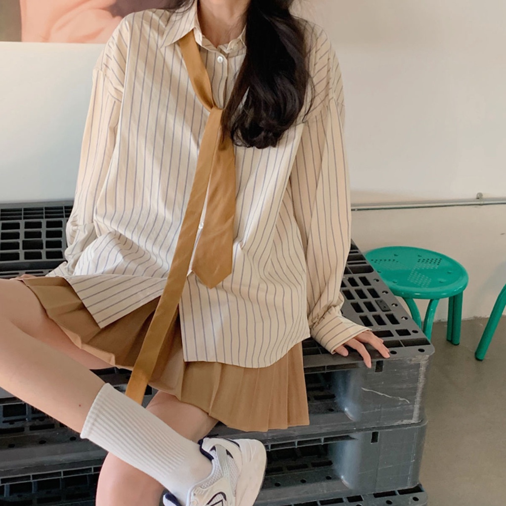 Set Áo Sơ Mi Kẻ Sọc Và Chân Váy Xếp Ly Thời Trang Xuân Hè Trẻ Trung Cho Nữ