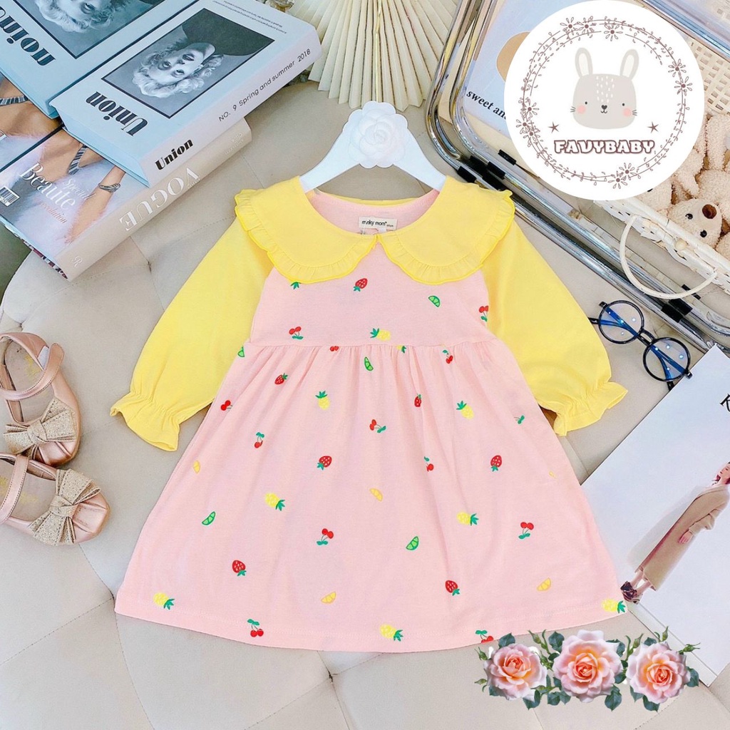 Váy Đầm Bé Gái MINKY MOM Chính Hãng COTTON Tay Dài Phối Cổ Lá Sen Đáng Yêu Hoa Văn Cute Bé 0 1 2 3 4 5 Tuổi - Favybaby