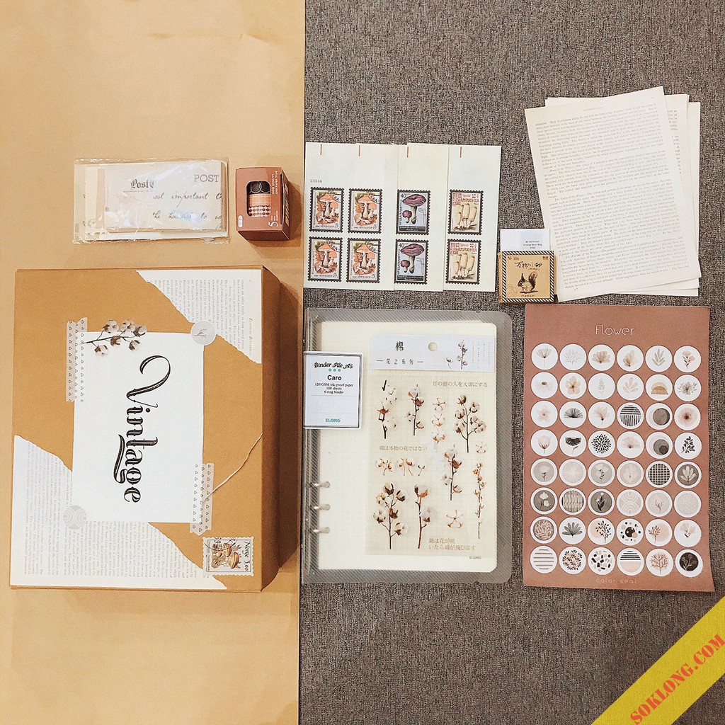 Set trang trí sổ Klong làm Bullet journal Vintage - hộp quà tặng có sticker, note, washi tape Luv 101