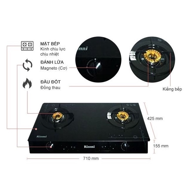 Bếp ga đôi Rinnai RV-7Double Glass  - Ngọn lửa xanh - Tiết kiệm gas - Hàng chính hãng STORE