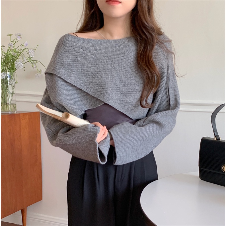 Áo sweater SUXI vải dệt kim tay dài hở vai màu sắc ngọt ngào phong cách Hàn Quốc cho nữ