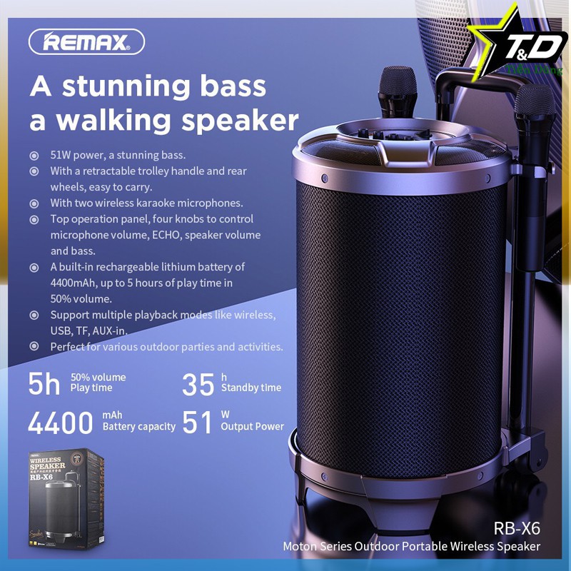 Loa kéo Karaoke Bluetooth cao cấp Remax RB-X6 công suất khủng 57W +Kèm 2 micro không dây