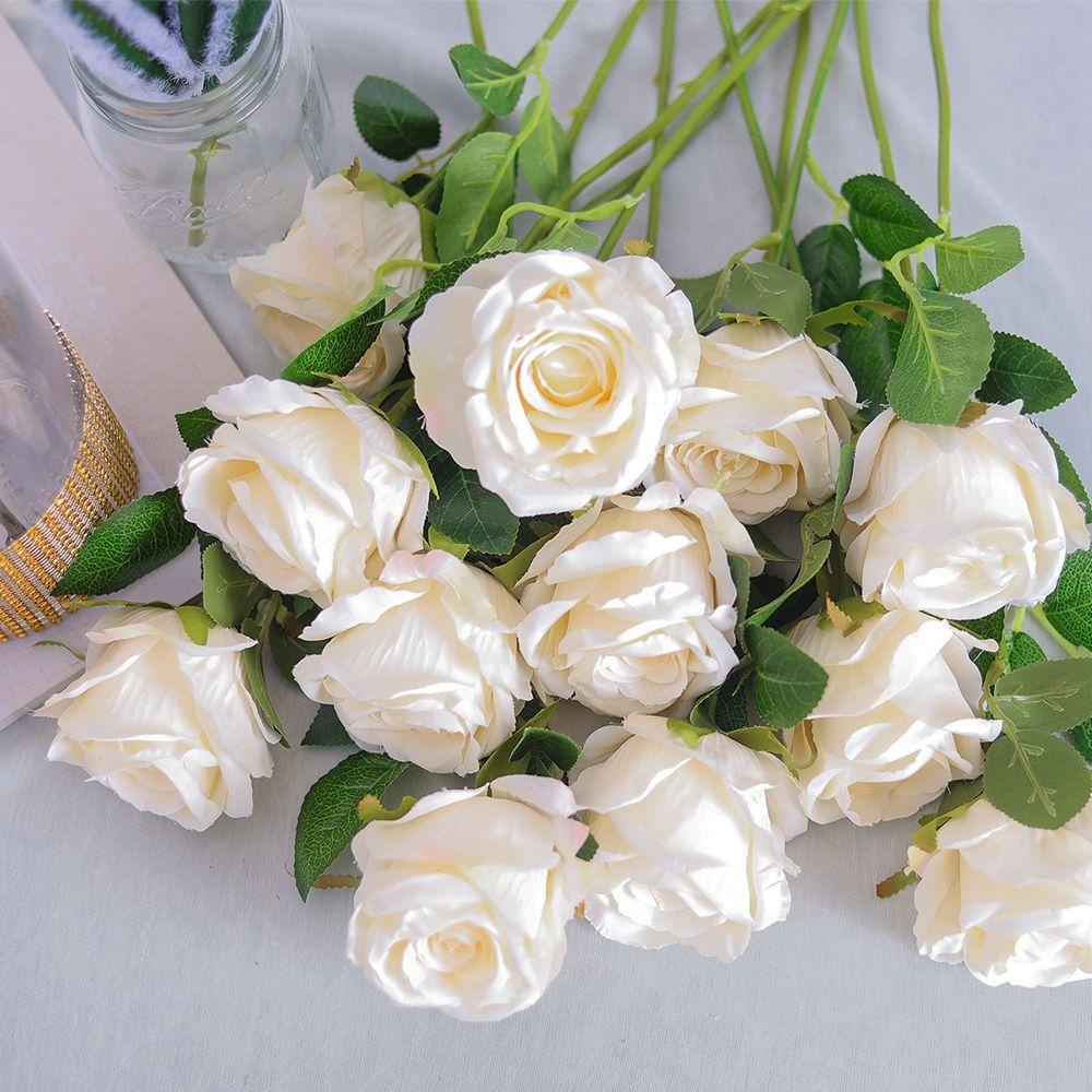 Bó Hoa Hồng Giả Bằng Lụa Màu Ngà Trang Trí Nhà Cửa / Tiệc Cưới