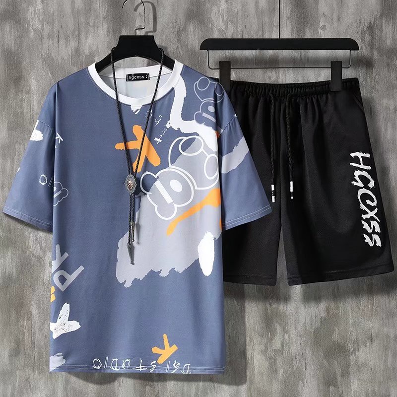 Round Neck Short Sleeve T-shirt Set + Men's Fashion Shorts Summer Suit Korean Cartoon Print Design Casual