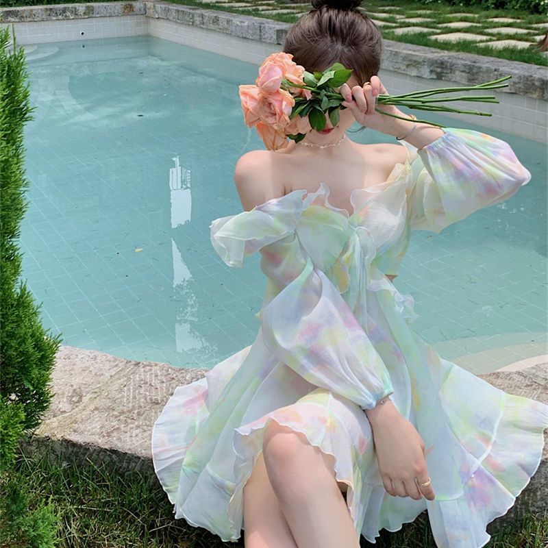 Váy babydoll Đầm Tay Dài Cổ V Thời Trang Mùa Thu Phong Cách Mới Cho Nữ