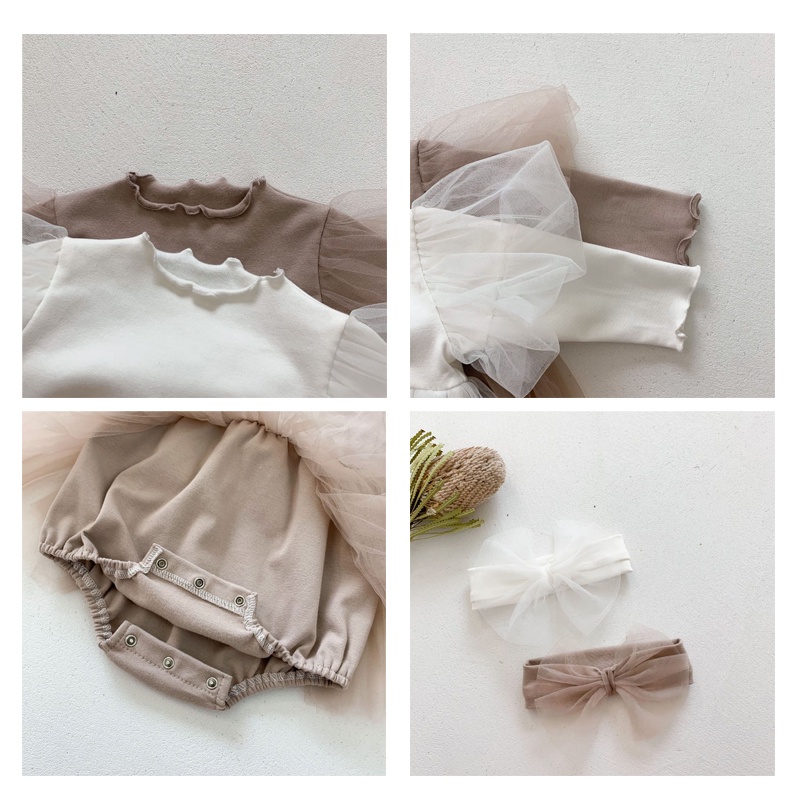 Đầm xòe tay dài phối lưới + băng đô nơ cho bé gái