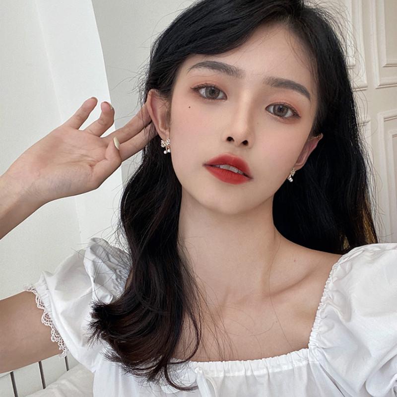 Bông tai mạ bạc 925 thiết kế hình nơ dễ thương thời trang phong cách Hàn Quốc