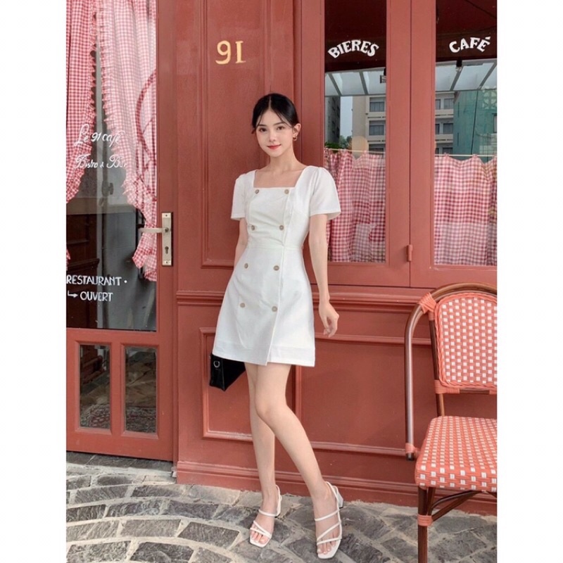 Đầm cổ vuông Faydi Dress BlaPink váy ngắn tay chuẩn form dễ thương màu trắng đen T209
