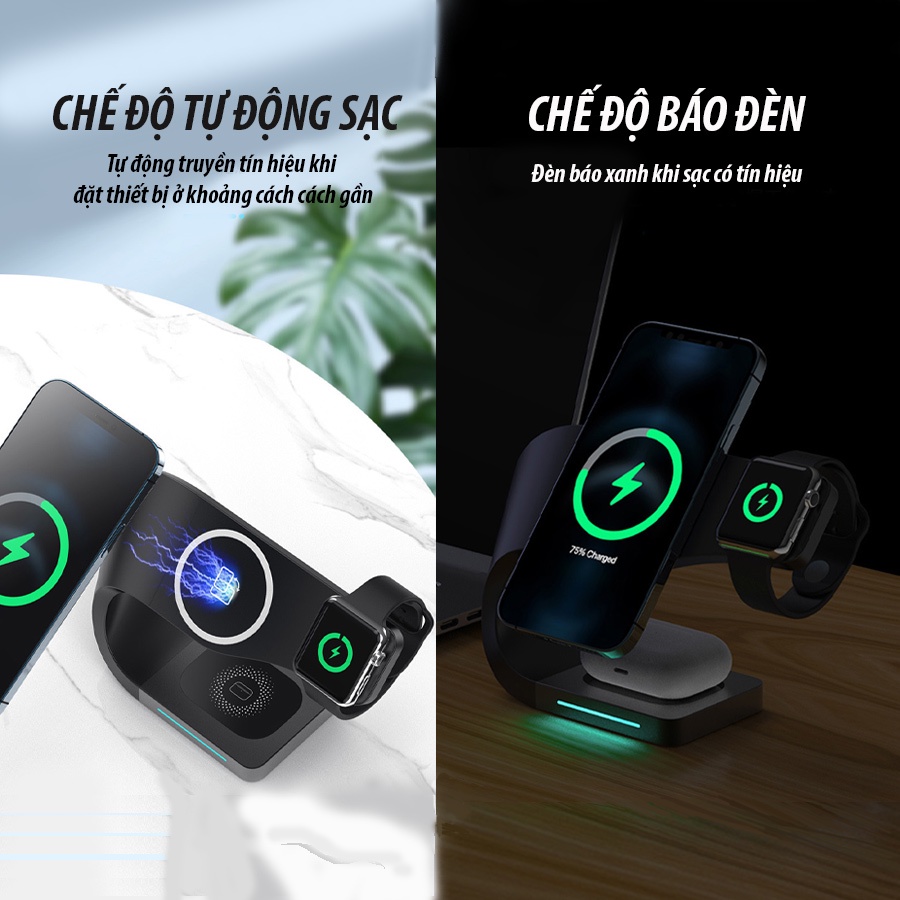 Đế sạc nhanh không dây từ tính 15w cho điện thoại, đồng hồ thông mình - sạc không dây đa năng 4 trong 1