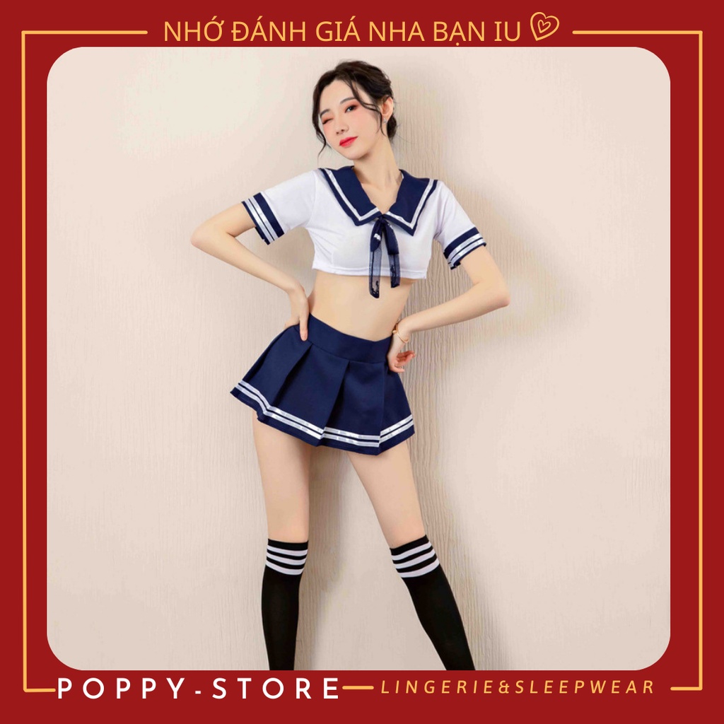 Đồ cosplay sexy gợi cảm nữ sinh nhật bản ,set đồ ngủ cosplay gồm áo croptop và váy kèm quần lọt khe với màu trắng - xanh