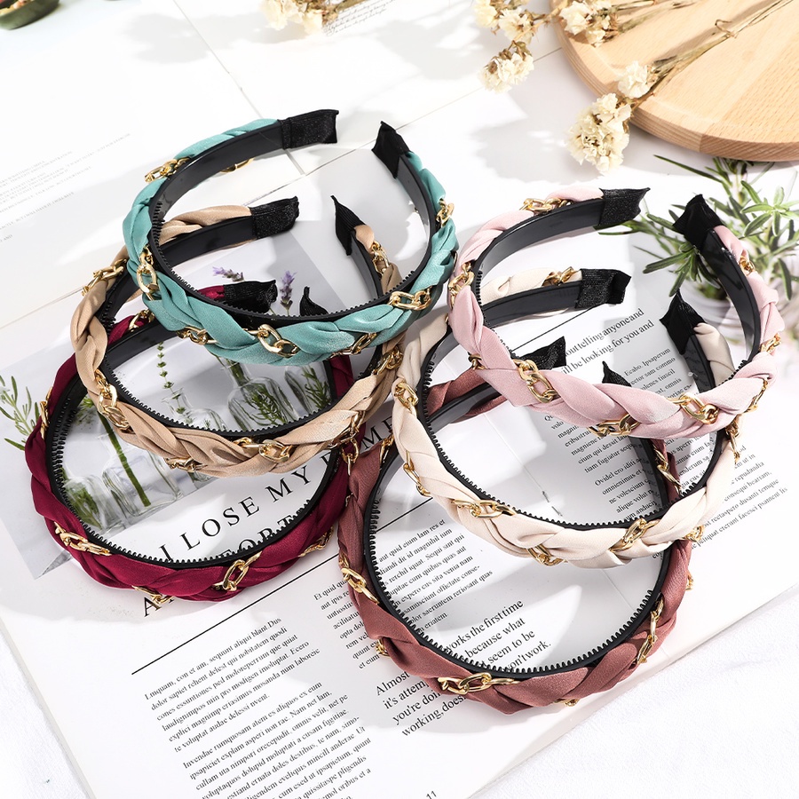 Băng đô cài tóc phối chuỗi dây kim loại màu trơn phong cách Hàn Quốc thời trang