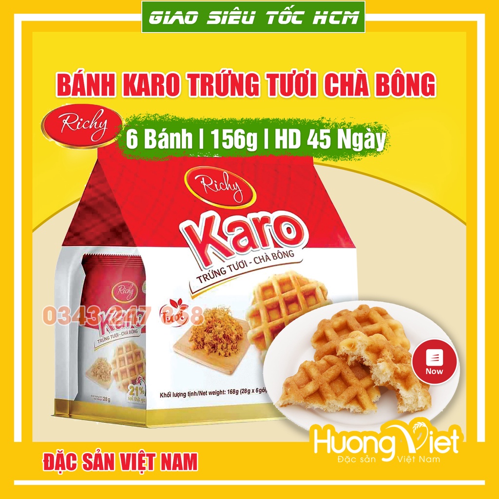 Bánh Karo Richy trứng tươi chà bông sợi gà túi 156g (6 gói x 26g) Date mới, bánh trứng tươi karo mềm ngon, bánh caro