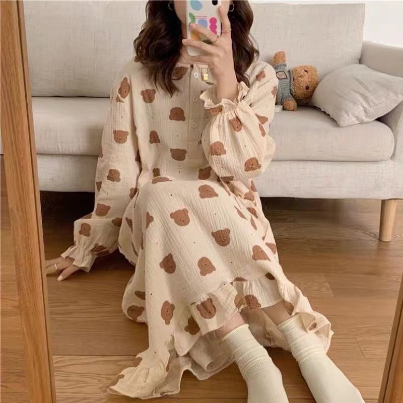Váy ngủ dài tay - đầm ngủ mặc nhà cổ bèo họa tiết cute dễ thương, vải đũi xốp mềm mịn thoải mái không nhăn | BigBuy360 - bigbuy360.vn