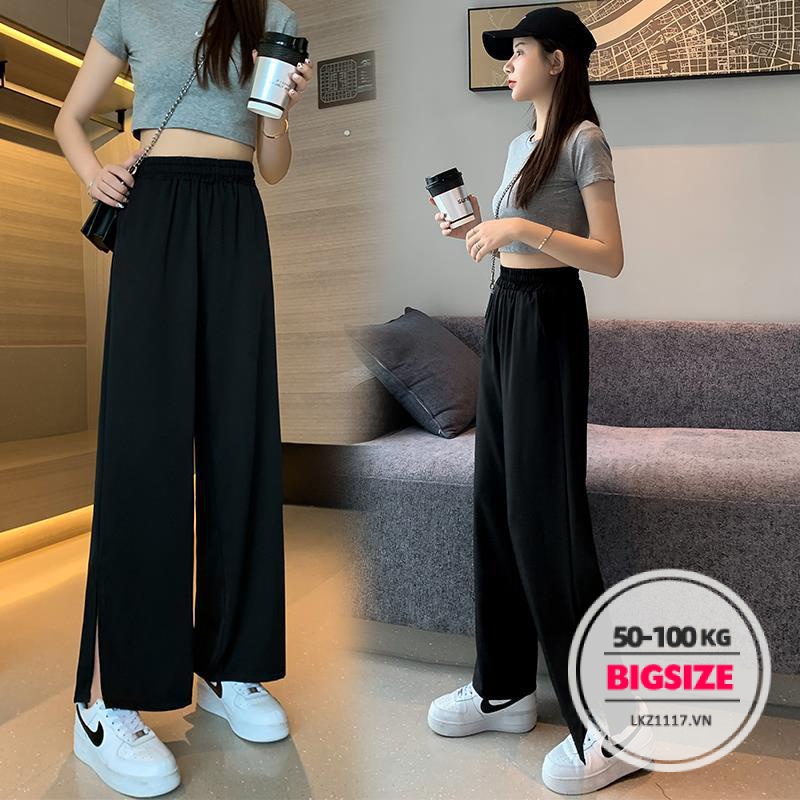 quần dài nữ Bigsize quần ống rộng suông nữ cạp chun lưng thun cạp cao xẻ tà mùa hè đen Phong cách Hàn Quốc Thời Trang cá tính xinh đẹp cho người mập béo nữ