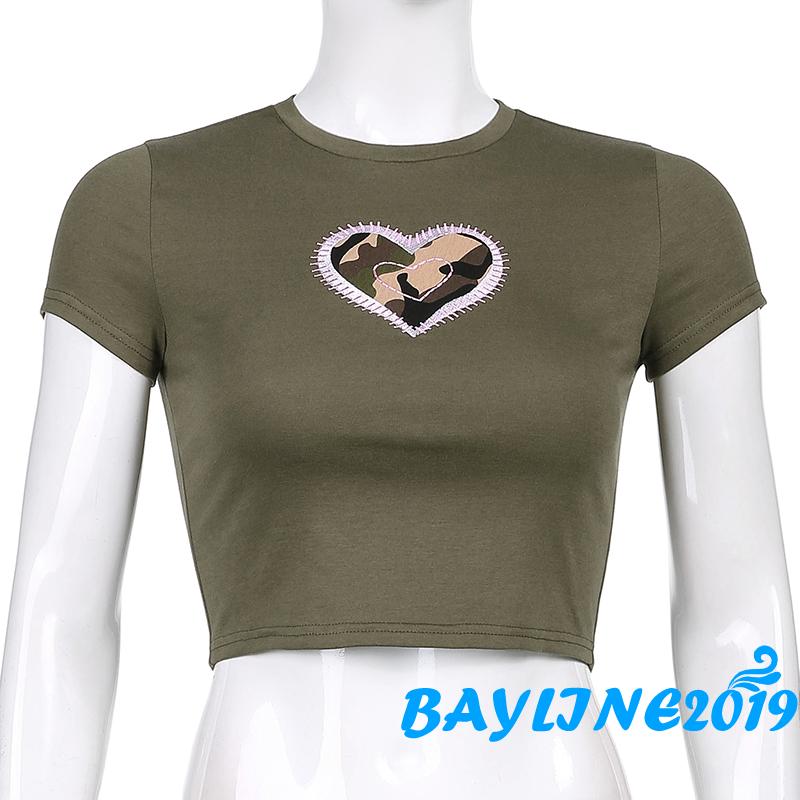 Áo Thun Lửng Ngắn Tay In Họa Tiết Trái Tim Thời Trang Cho Nữ