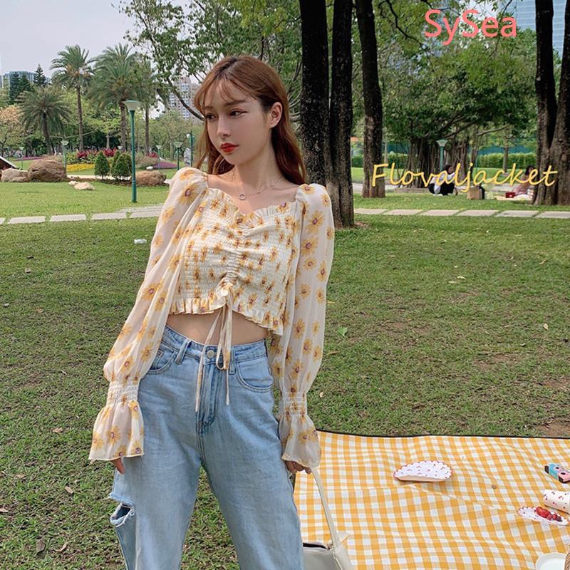 Áo Croptop Chất Liệu Vải Voan Hoạ Tiết Hoa Xinh Xắn Cho Nữ