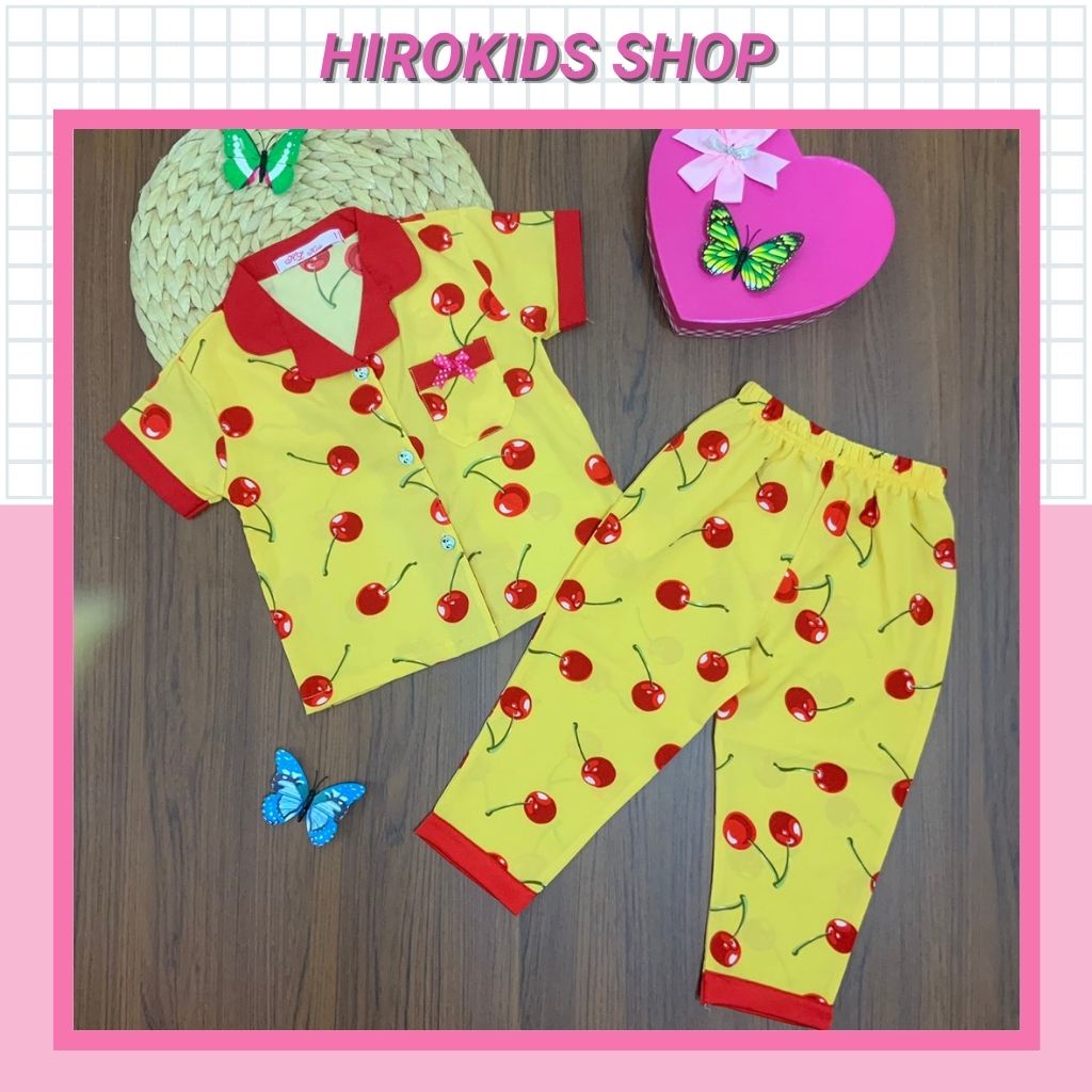 Bộ mặc nhà Pijama Lụa tay ngắn quần dài phối viền cho bé gái (12-32kg) - HIROKIDS