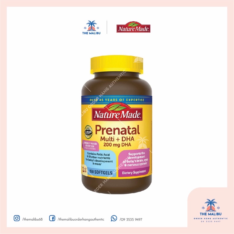 Vitamin tổng hợp bầu Mỹ bổ sung dinh dưỡng, DHA cho mẹ bầu và sau sinh Nature Made Prenatal Multi + DHA