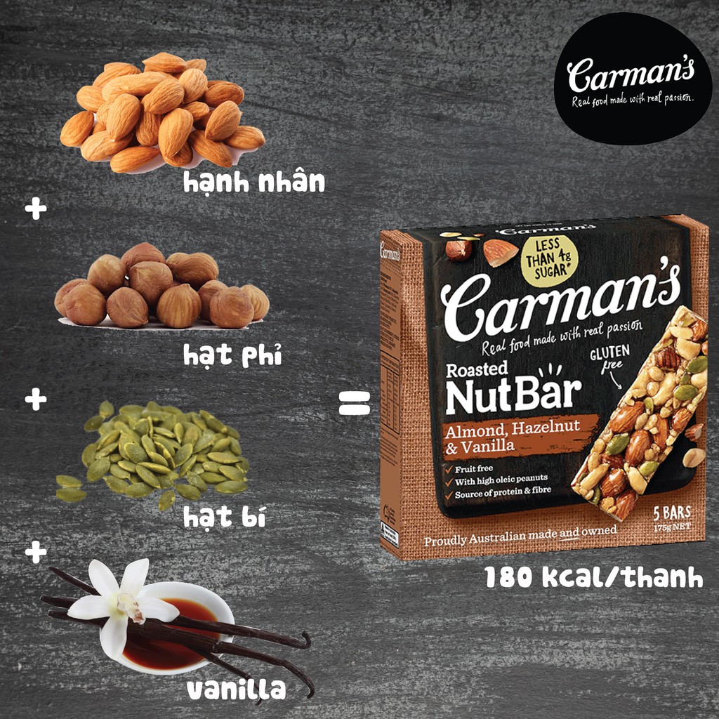 Thanh Hạt Carman's Nut Bar Almond Hazelnut &amp; Vanilla - Hạnh Nhân, Hạt Phỉ &amp; Vanilla - Hộp 175g