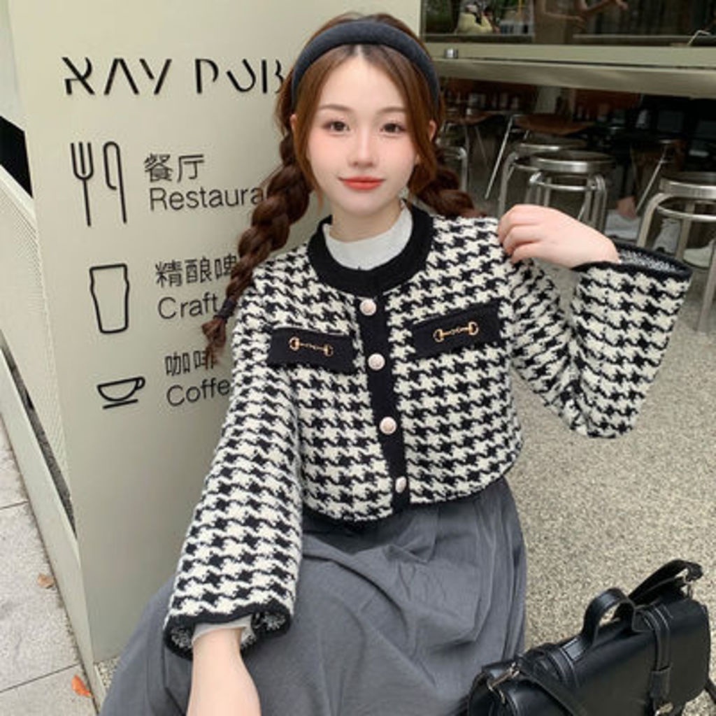 Xiaoxiangfeng Áo Khoác Cardigan Dệt Kim Eo Cao Màu Sắc Tương Phản Phong Cách Phương Tây Thời Trang Thu Đông Hàn Quốc Dành Cho Nữ