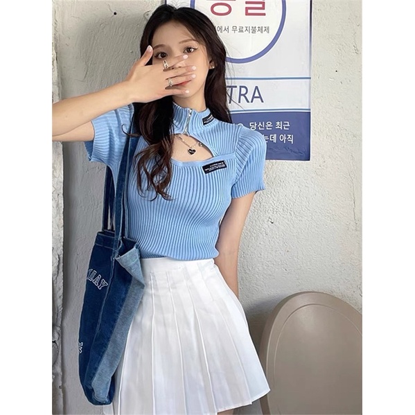 áo len dệt kim mix khoá cổ &amp; mác ngực sexy (1357#)