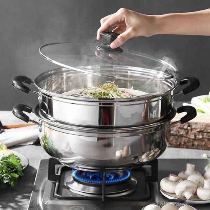 Bộ xửng hấp inox 28cm - nồi hấp đa năng 2 tầng cao cấp nắp kính tiện dụng hấp xôi - hấp bánh bao