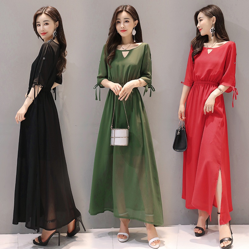 IELGY Đầm Chiffon Dáng Rộng Tay Ngắn Màu Trơn Xẻ Tà Thời Trang Cho Nữ