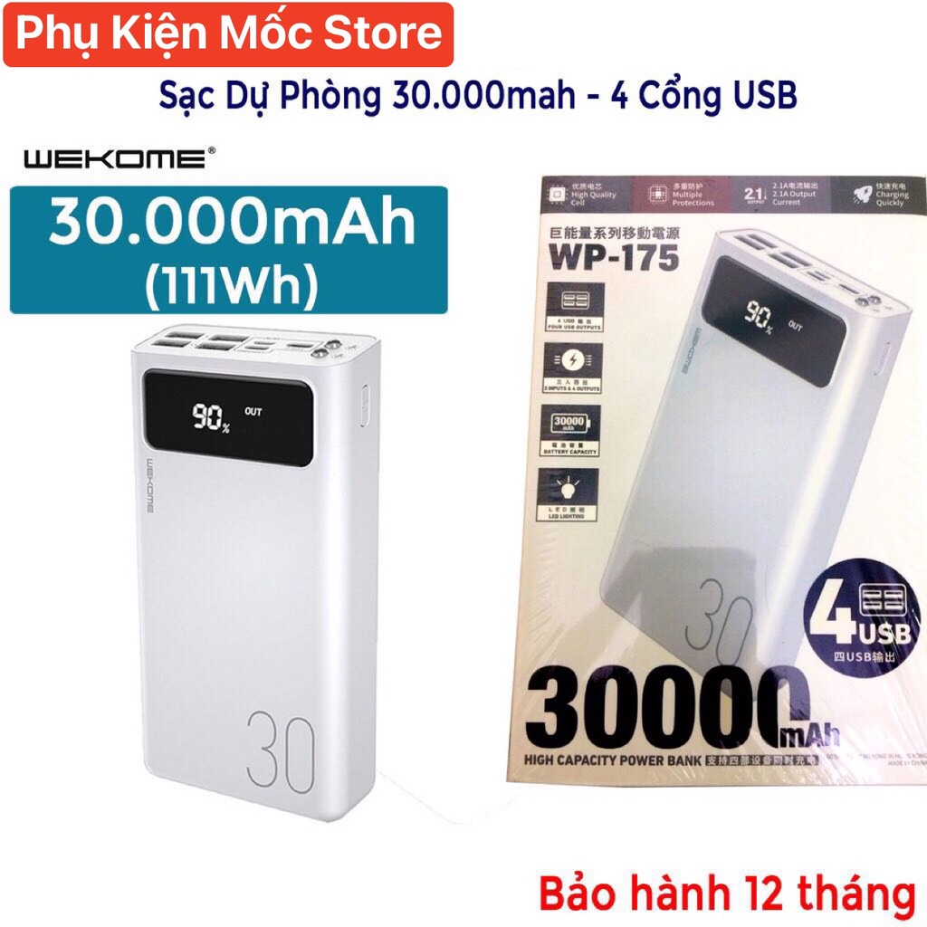 Pin sạc dự phòng 30000mah WK 175, sạc đa năng - đèn led hiển thị pin, 4 cổng USB đa năng, hàng chính hãng