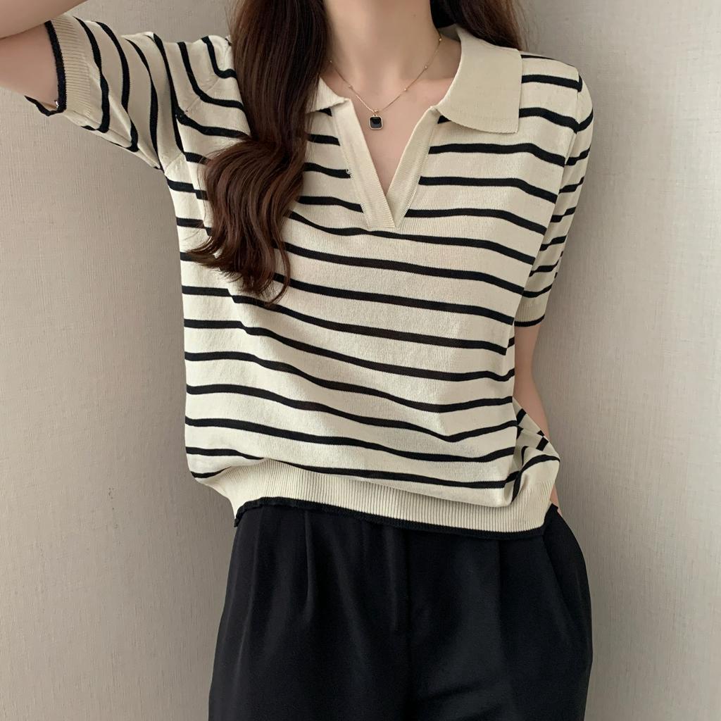 áo polo Nữ Tay Ngắn Họa Tiết Sọc Phong Cách Hàn Quốc