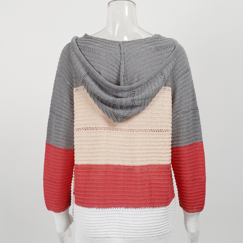 Xiangbao Áo Khoác Sweater Dệt Kim Tay Dài Có Mũ Trùm Đầu Dây Rút Kẻ Sọc Khối Rỗng Màu Mùa Thu Cho Nữ