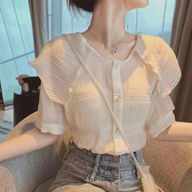 Áo sơ mi trắng cài khuy nhún bèo xinh xắn phong cách Hàn Quốc cho nữ