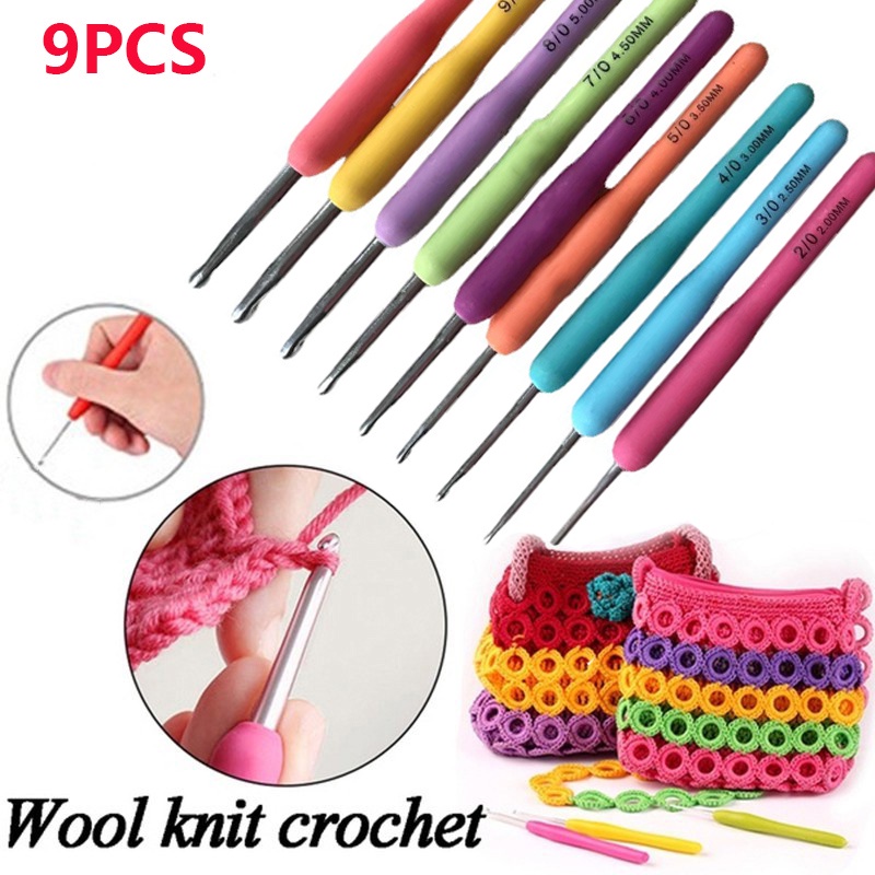 Set 9 Móc Đan Len Bằng Nhựa Tay Cầm Nhựa Mềm 2-6mm Nhiều Màu Sắc