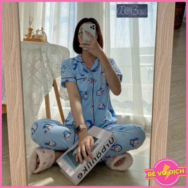 Đồ Bộ Quần Áo Ngủ Nữ Mặc Nhà Cộc Tay Pijama HUGEE Chất Vải Kate Thái Loại 1 Màu Xanh Họa Tiết Doraemon A033
