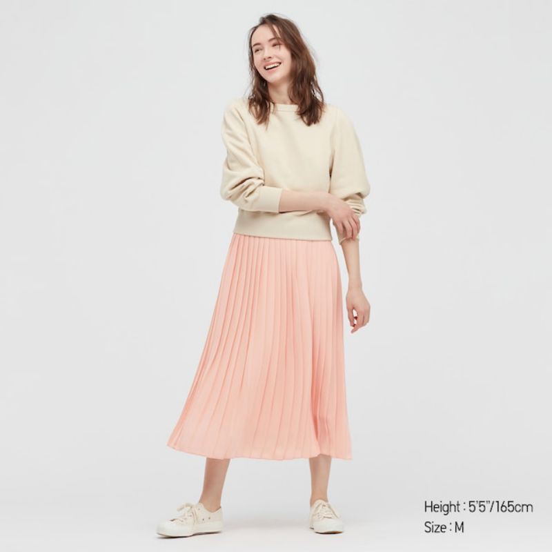 (UNIQLO) Chân váy xoè xếp ly vải chiffon (voan) 2 lớp cạp chun dáng midi