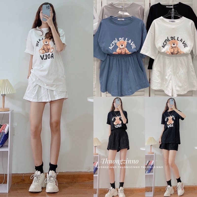 [Ảnh thật/Video]Bộ thể thao HÌNH GẤU cute dáng rộng mùa hè Set áo phông kèm quần chất thun cotton màu dễ thương