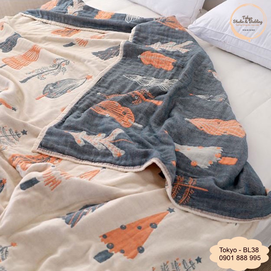 Món quà Noel _ Chăn/Ga/Gối Xô cotton sợi tre Organic dòng Basic_họa tiết cây thông