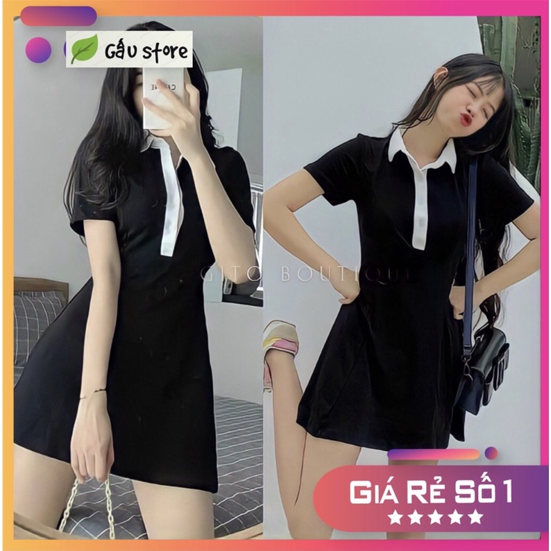 Đầm Polo nữ Hàn Quốc màu đen cổ bẻ viền trắng dáng ôm body siêu xinh