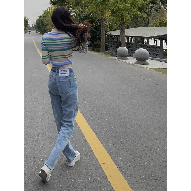 Áo Sweater Dệt Kim Cổ POLO Tay Dài Kẻ Sọc Màu Sắc Thời Trang Mùa Thu Phong Cách Hàn Quốc Cho Nữ