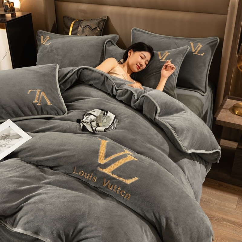 Bộ chăn ga gối nỉ LV cao cấp ấm ấp mềm mịn ,Bộ 4 món nỉ in thương hiệu LV nhập khẩu sang trọng
