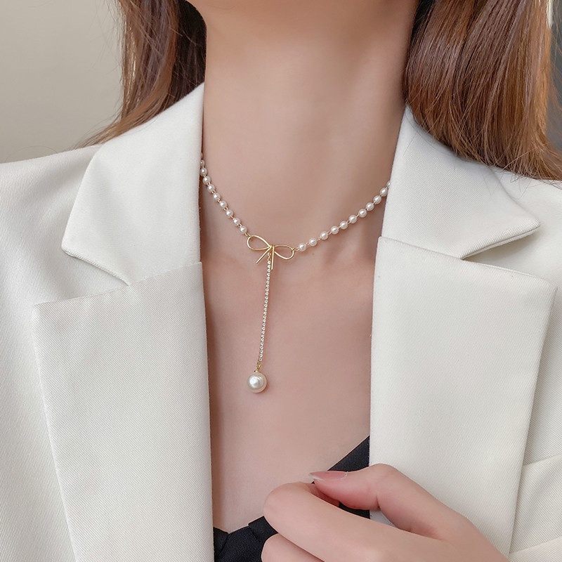 Vòng cổ Chuỗi Dài Đính Ngọc Trai Kim Cương Nhân Tạo Hình Chữ Y Thời Trang
