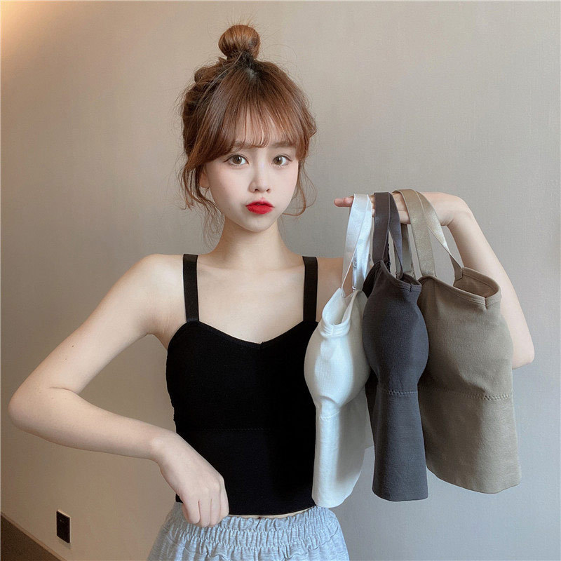 Áo kiểu hai dây croptop cổ tim có đệm ngực 4 màu tùy chọn cơ bản đáng yêu phong cách Hàn Quốc ulzzang quyến rũ cho nữ