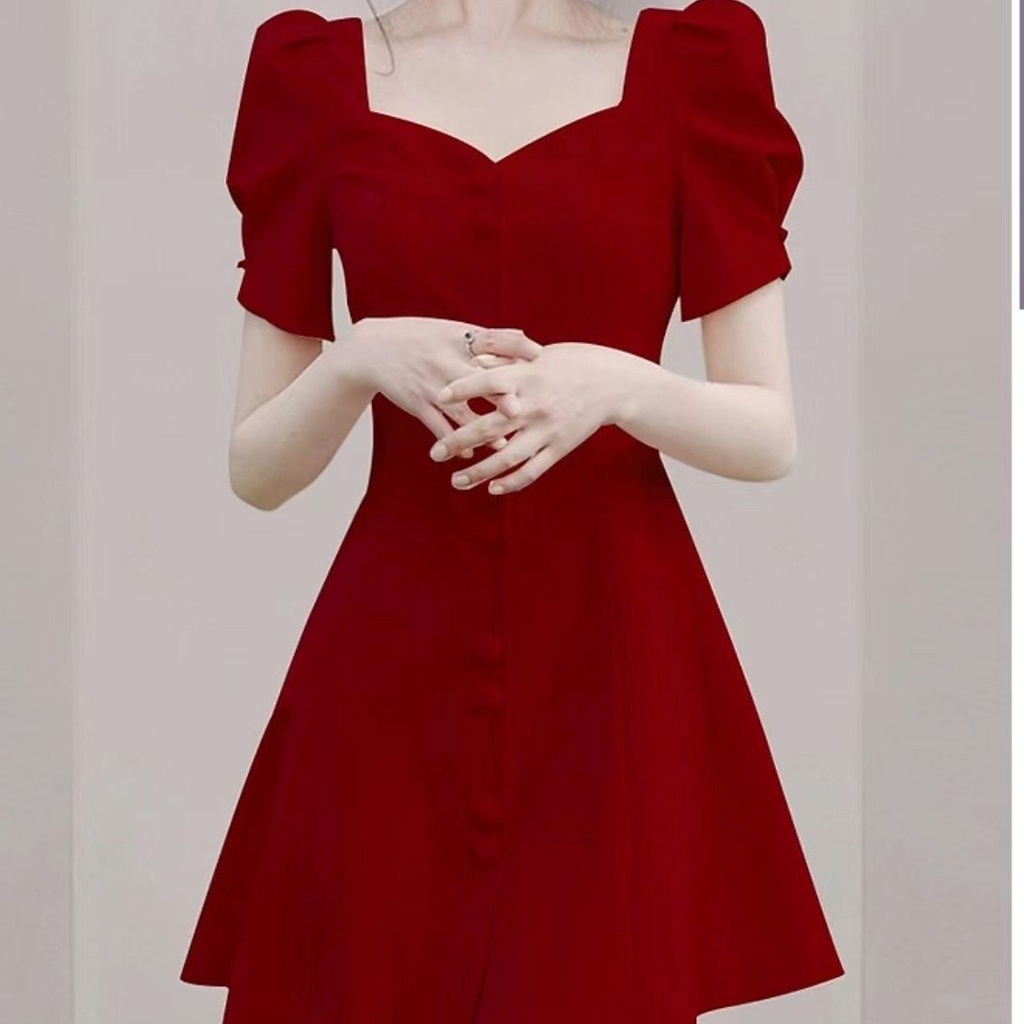 Đầm dáng chữ A cổ vuông phong cách Pháp retro 2022 mùa hè mới nhỏ gọn trẻ trung dành cho nữ