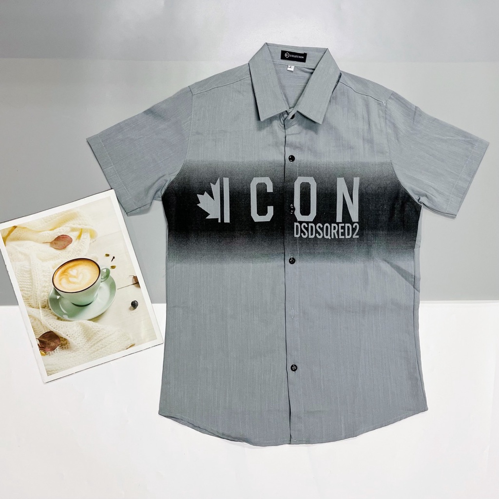 Áo sơ nam tay ngắn phối loang DSQ vải đũi cao cấp in chữ nổi đẹp sang trọng mẫu mới giá rẻ chuẩn shop