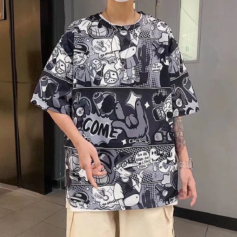 Áo Thun Tay Ngắn Dáng Rộng In Họa Tiết Hoạt Hình Size M-5XL Thời Trang Mùa Hè Cho Nam