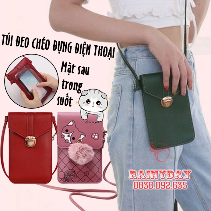 Túi đeo chéo nữ nhỏ mini đựng điện thoại đi chơi thời trang bằng da 2 ngăn sau trong suốt cảm ứng