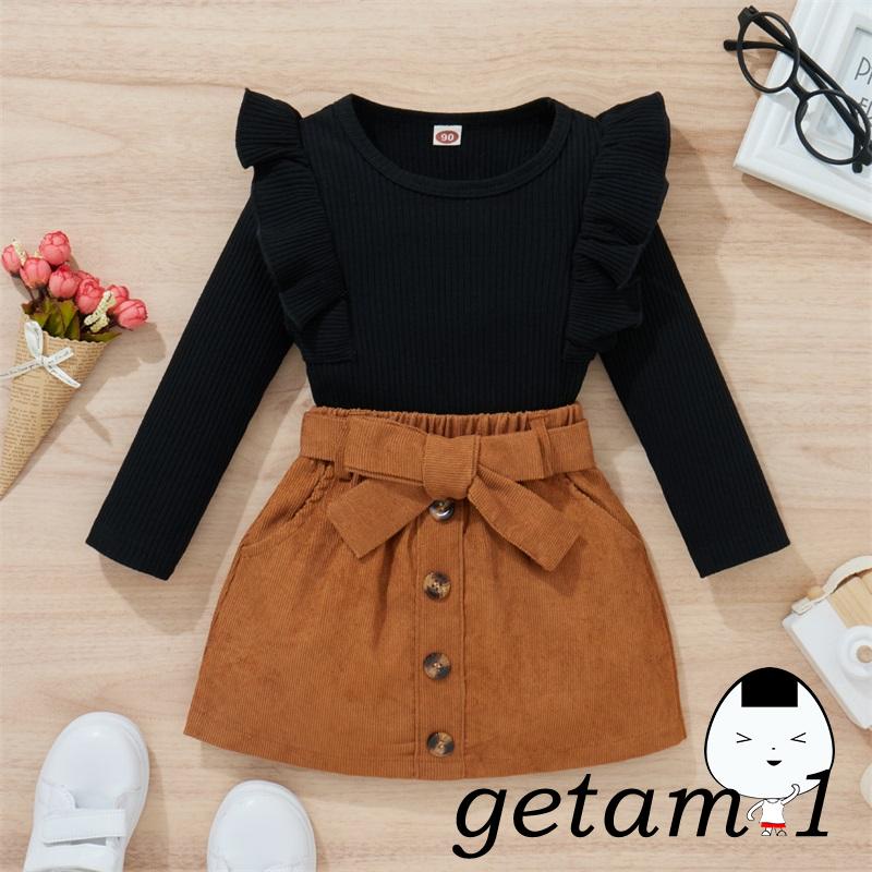 Bộ áo tay dài cổ thuyền kèm chân váy lưng thun co giãn thời trang cho bé gái